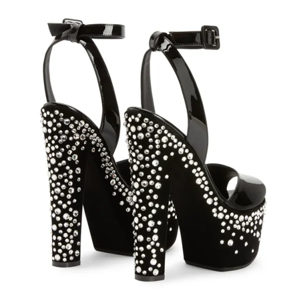 Luxury Designer Crystal Stud Strappy Peep Toe Chunky Block Heel Sandals - Image 4