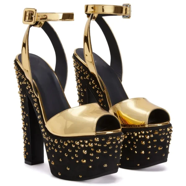 Luxury Designer Crystal Stud Strappy Peep Toe Chunky Block Heel Sandals - Image 9