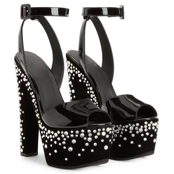 Luxury Designer Crystal Stud Strappy Peep Toe Chunky Block Heel Sandals - Image 3