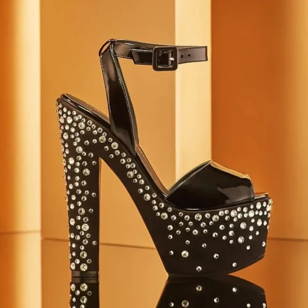 Luxury Designer Crystal Stud Strappy Peep Toe Chunky Block Heel Sandals - Image 2