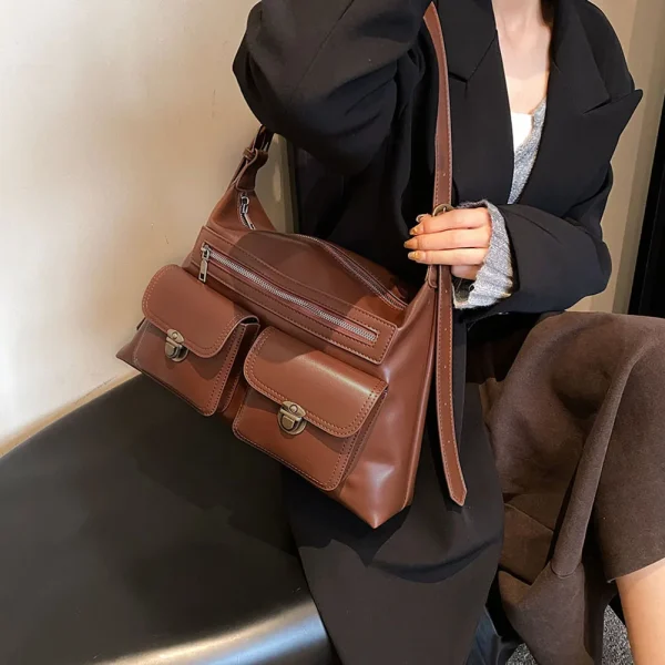 Luxury Designer Multi Pocket Daily Vintage Style Solid Color Shoulder Handbags - Image 2