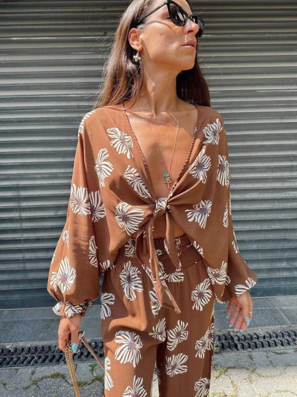 Luxury Fashion Loose Print Long Sleeve Shirt With High Waist Maxi 2 Pieces Set - Image 2