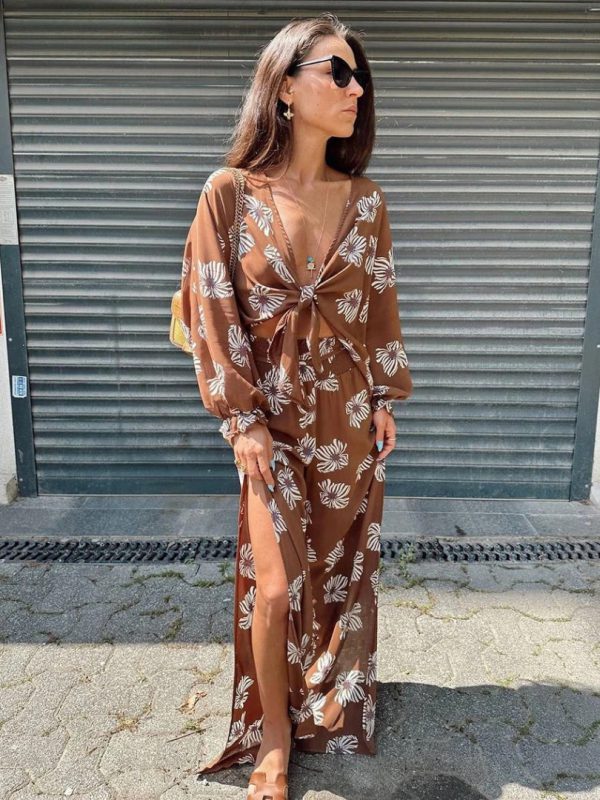Luxury Fashion Loose Print Long Sleeve Shirt With High Waist Maxi 2 Pieces Set