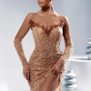 Luxury Fashion Off-Shoulder Sleeveless Crystal Beaded Dress Gown with Long Gloves - Image 2
