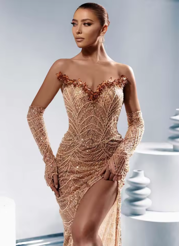 Luxury Fashion Off-Shoulder Sleeveless Crystal Beaded Dress Gown with Long Gloves - Image 2