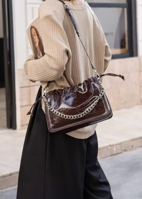 Luxury Genuine Leather Wrinkled Cowhide Designer Crossbody Shoulder Bag - Image 4