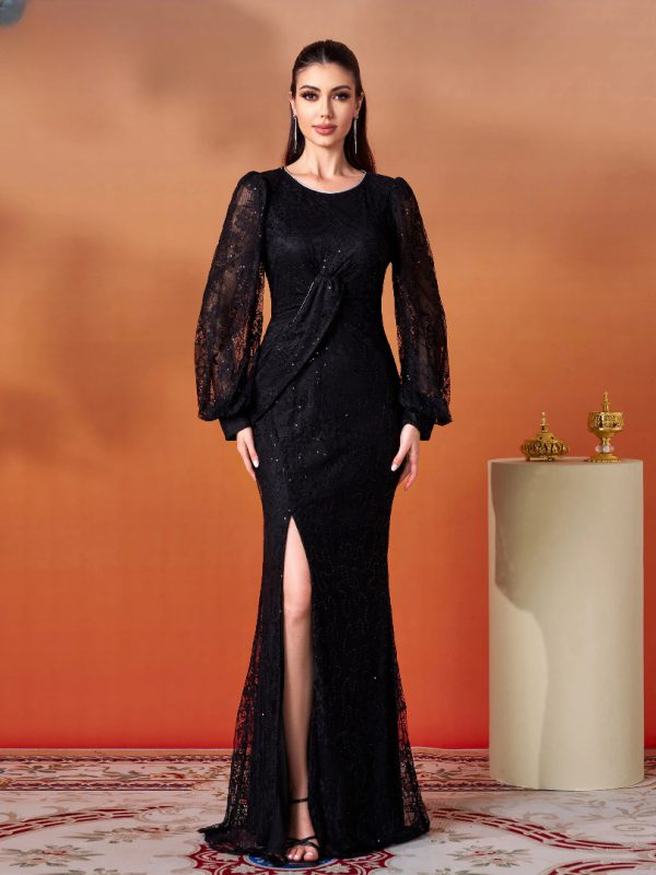 Luxury High Quality Round Neck Black Split Gown Formal Occasion Dresses