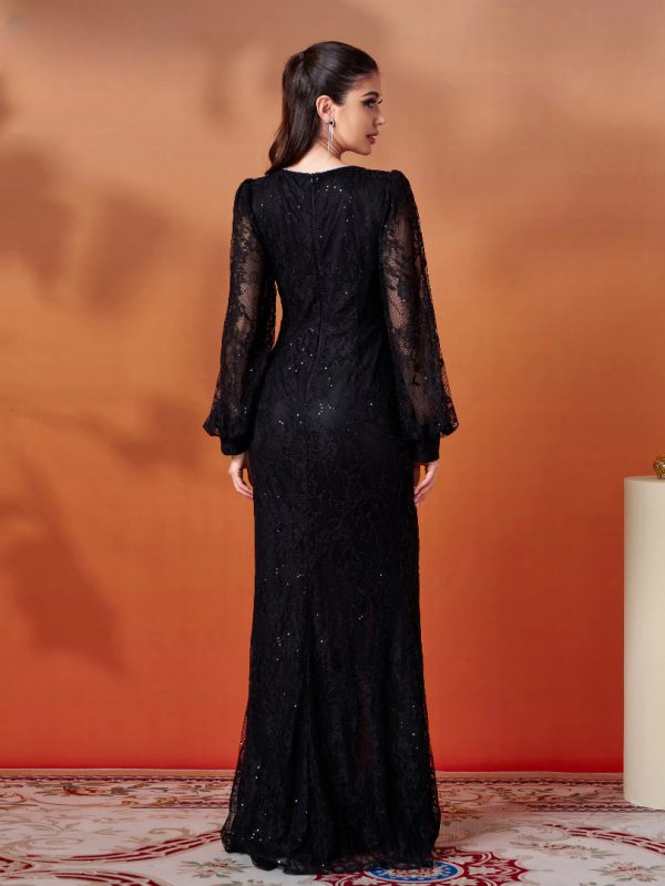 Luxury High Quality Round Neck Black Split Gown Formal Occasion Dresses - Image 3