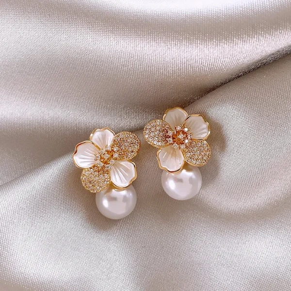 Luxury Light Plant Micro Zircon Enamel Copper Alloy Camellia Pearl Pendant Earrings - Image 7