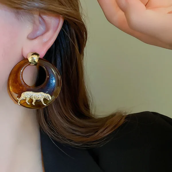 Luxury Maillard Smudged Tiger Animal Resin Light  Geometric Push-back Stud Earrings - Image 3