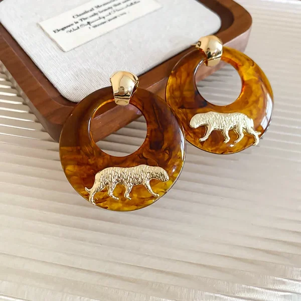 Luxury Maillard Smudged Tiger Animal Resin Light  Geometric Push-back Stud Earrings - Image 7