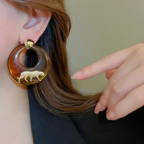 Luxury Maillard Smudged Tiger Animal Resin Light  Geometric Push-back Stud Earrings - Image 4