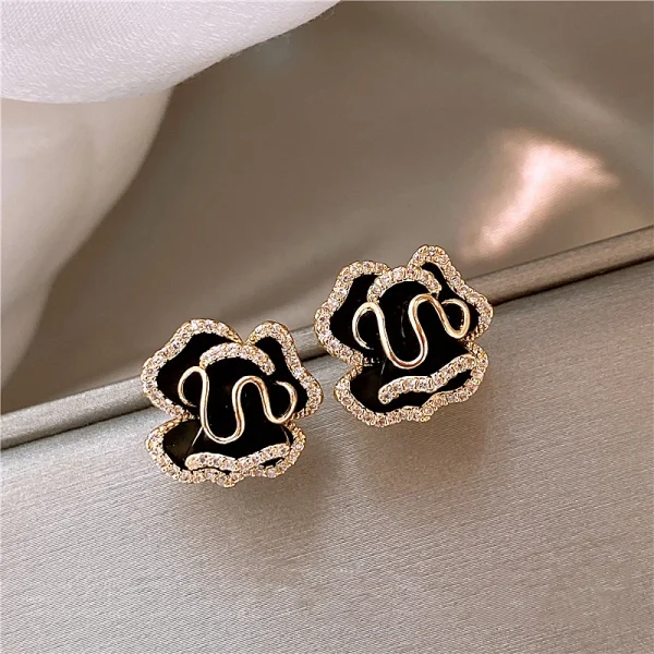Luxury Plant Micro Set Zircon Exquisite Copper Alloy Camellia Flower Earrings - Image 4