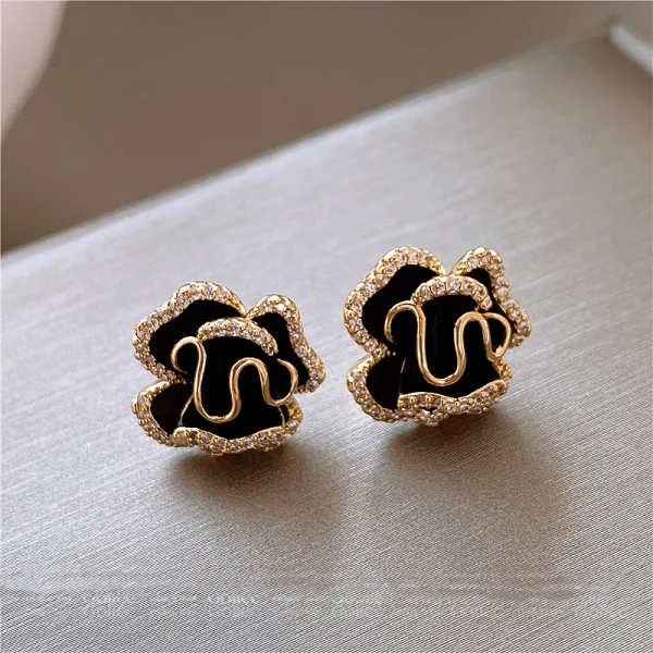 Luxury Plant Micro Set Zircon Exquisite Copper Alloy Camellia Flower Earrings - Image 6