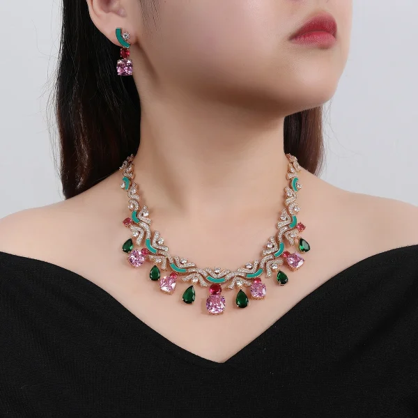 Luxury Plant Pattern Cubic Zircon Geometric Crystal Wedding Earrings Necklace Jewelry Sets