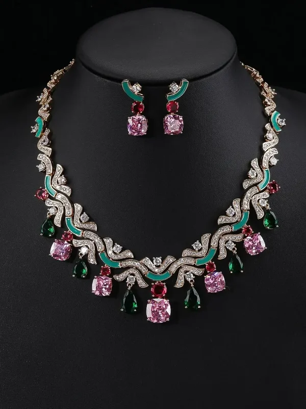 Luxury Plant Pattern Cubic Zircon Geometric Crystal Wedding Earrings Necklace Jewelry Sets - Image 2