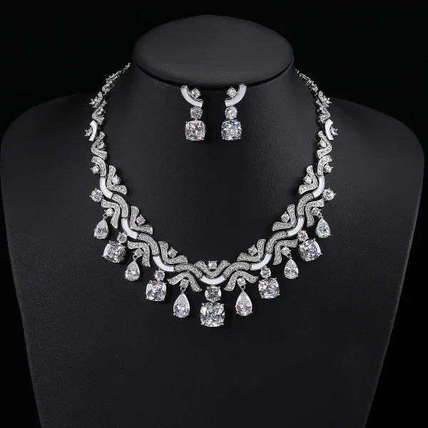 Luxury Plant Pattern Cubic Zircon Geometric Crystal Wedding Earrings Necklace Jewelry Sets - Image 4