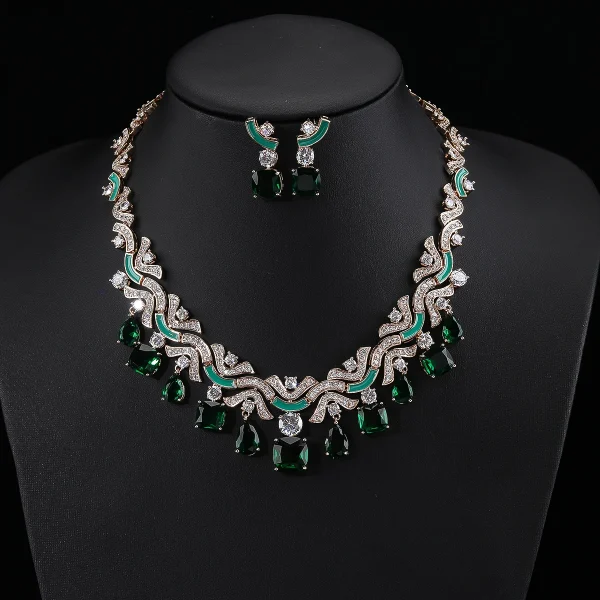 Luxury Plant Pattern Cubic Zircon Geometric Crystal Wedding Earrings Necklace Jewelry Sets - Image 3