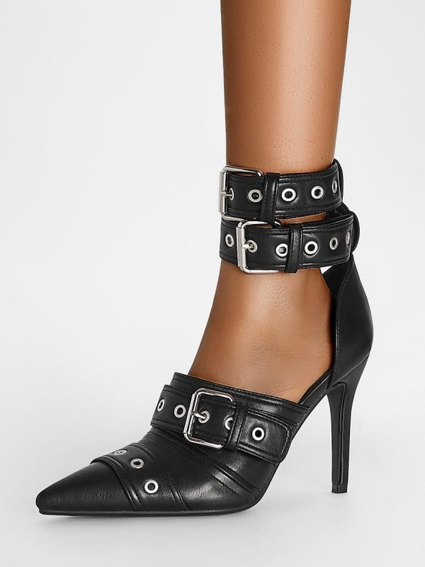 Luxury Polyurethane Pointed Toe Buckle Detail Stiletto High Heels - Image 3
