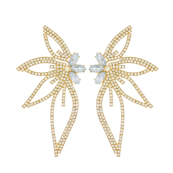 Luxury Push-back with Full Rhinestones Inlaid Maple Leaf Shape Stud Big Earrings - Image 7