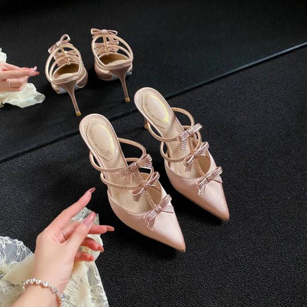 Luxury Rhinestones Bowknot Satin Pointed Toe Wedding Party Thin High Heels - Image 6