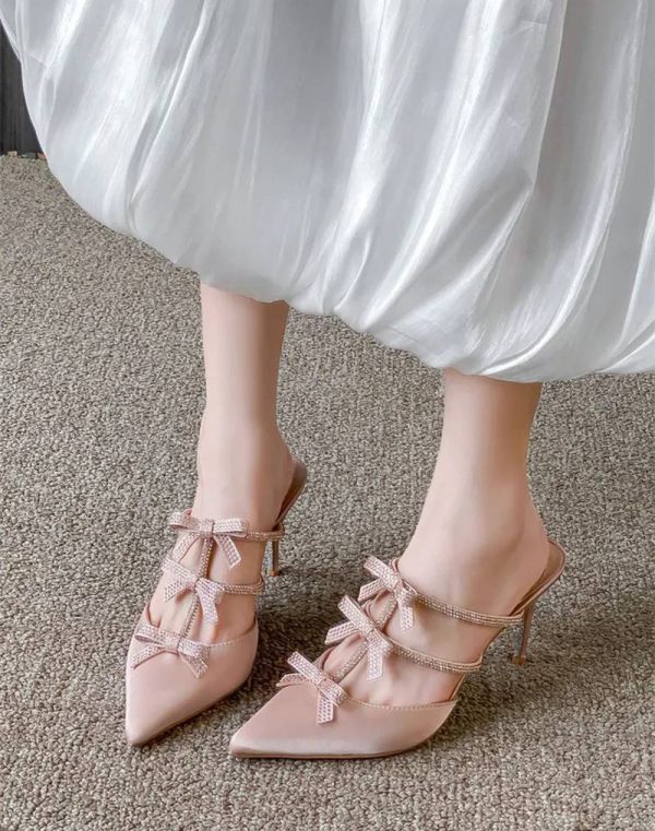 Luxury Rhinestones Bowknot Satin Pointed Toe Wedding Party Thin High Heels - Image 4