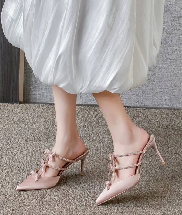 Luxury Rhinestones Bowknot Satin Pointed Toe Wedding Party Thin High Heels