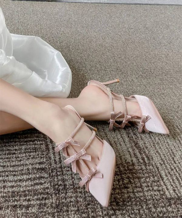 Luxury Rhinestones Bowknot Satin Pointed Toe Wedding Party Thin High Heels - Image 3