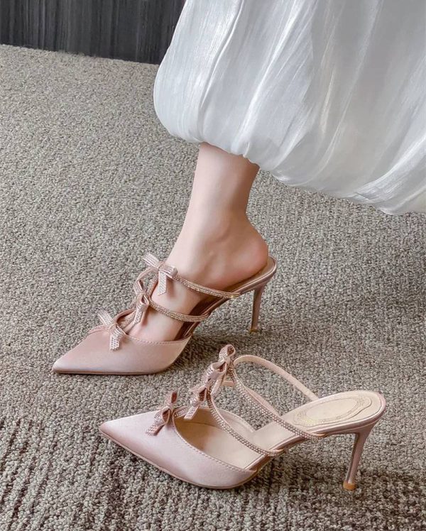 Luxury Rhinestones Bowknot Satin Pointed Toe Wedding Party Thin High Heels - Image 5