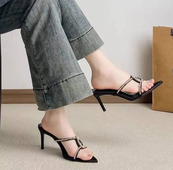 Luxury Rhinestones Gem Pointed Toe Stiletto High Heels Slides Sandals - Image 2