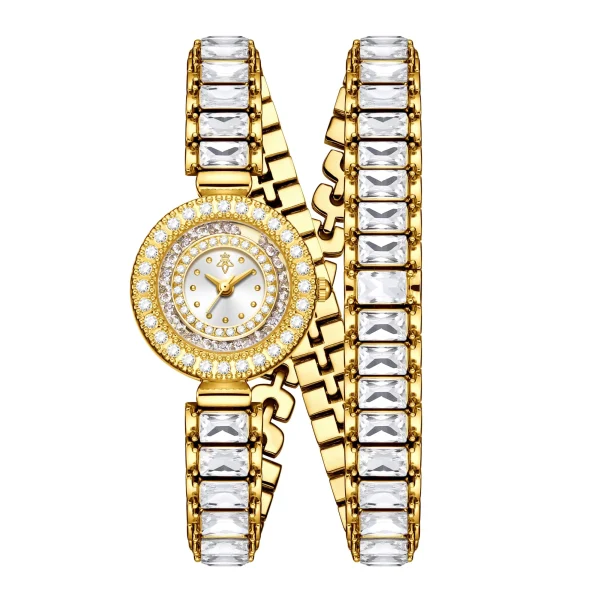 Luxury Sparkling Rhinestone Wrap Wristband Design Stylish Gold Bright Quartz Watch - Image 3