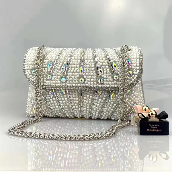 Luxury Striped Pearl Designer Beading Rhinestone Shiny Party Clutch Purses Bags - Image 3