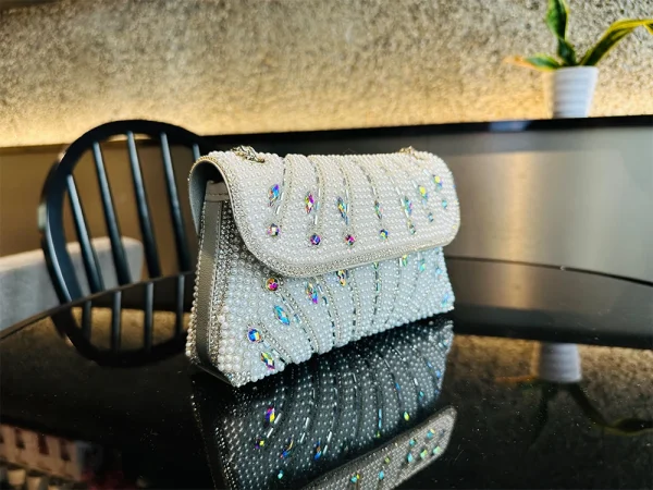 Luxury Striped Pearl Designer Beading Rhinestone Shiny Party Clutch Purses Bags - Image 8