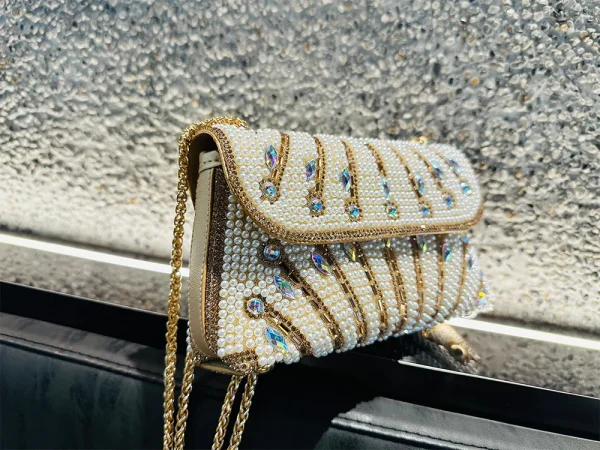 Luxury Striped Pearl Designer Beading Rhinestone Shiny Party Clutch Purses Bags - Image 9