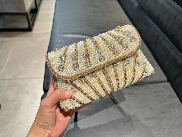 Luxury Striped Pearl Designer Beading Rhinestone Shiny Party Clutch Purses Bags - Image 10