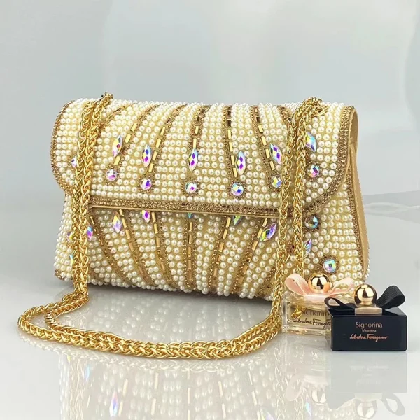 Luxury Striped Pearl Designer Beading Rhinestone Shiny Party Clutch Purses Bags - Image 2