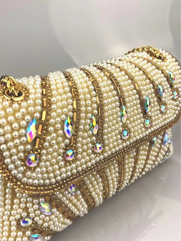 Luxury Striped Pearl Designer Beading Rhinestone Shiny Party Clutch Purses Bags - Image 4