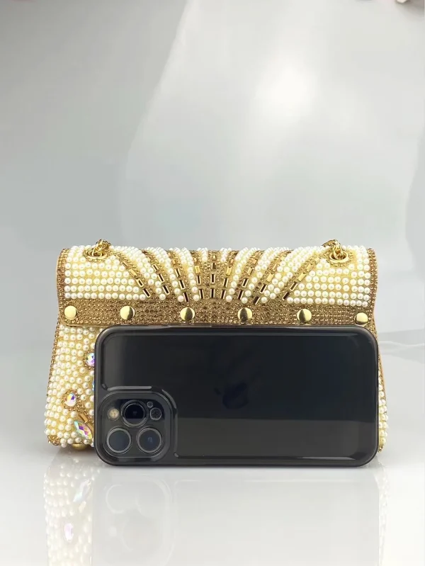 Luxury Striped Pearl Designer Beading Rhinestone Shiny Party Clutch Purses Bags - Image 5