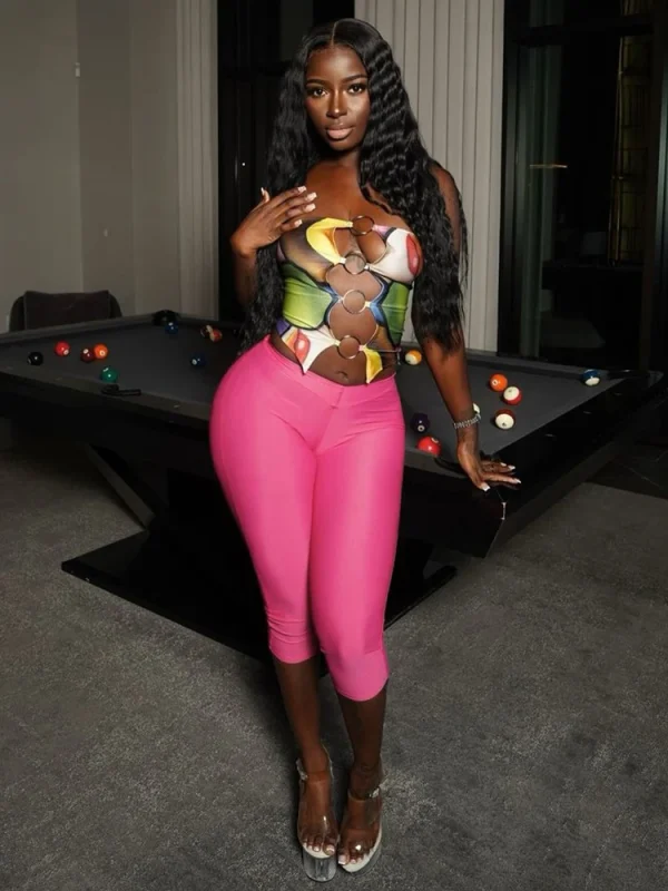 Metal Rings Patchwork Hollow Print Tube Tops Skinny Pants 2 Piece Set - Image 4