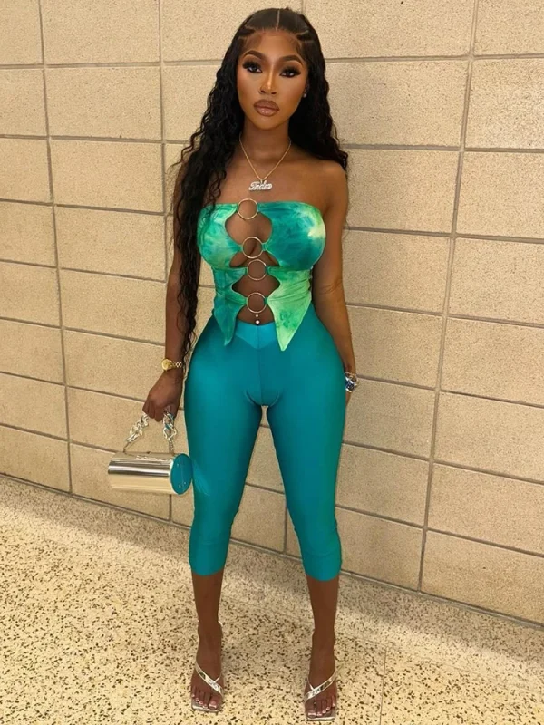 Metal Rings Patchwork Hollow Print Tube Tops Skinny Pants 2 Piece Set - Image 8