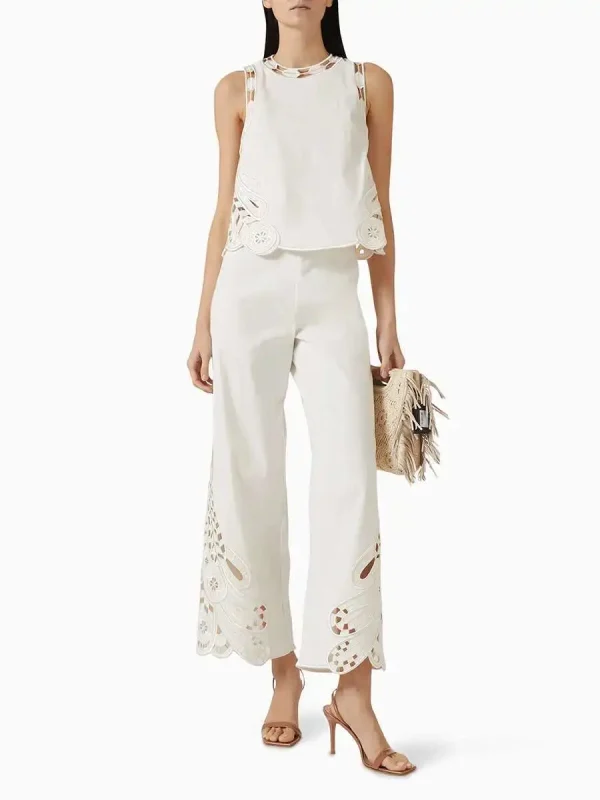 Minimalist O-Neck Sleeveless Top And High Waist Pant Solid Hollow Out Two Piece Set