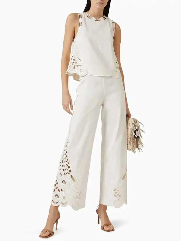 Minimalist O-Neck Sleeveless Top And High Waist Pant Solid Hollow Out Two Piece Set - Image 2