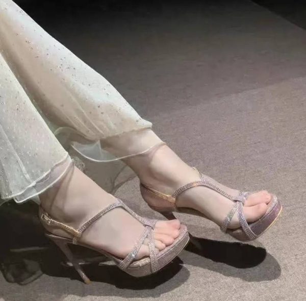 Narrow Band Bling Bling Sequined Crystal Platform Wedges Gladiator Sandals - Image 5