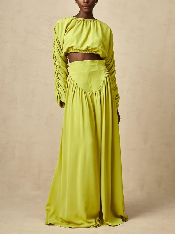 Vintage O Neck Long Sleeve Short Top High Waist A Line Skirts Suits Solid Loose Two Piece Set