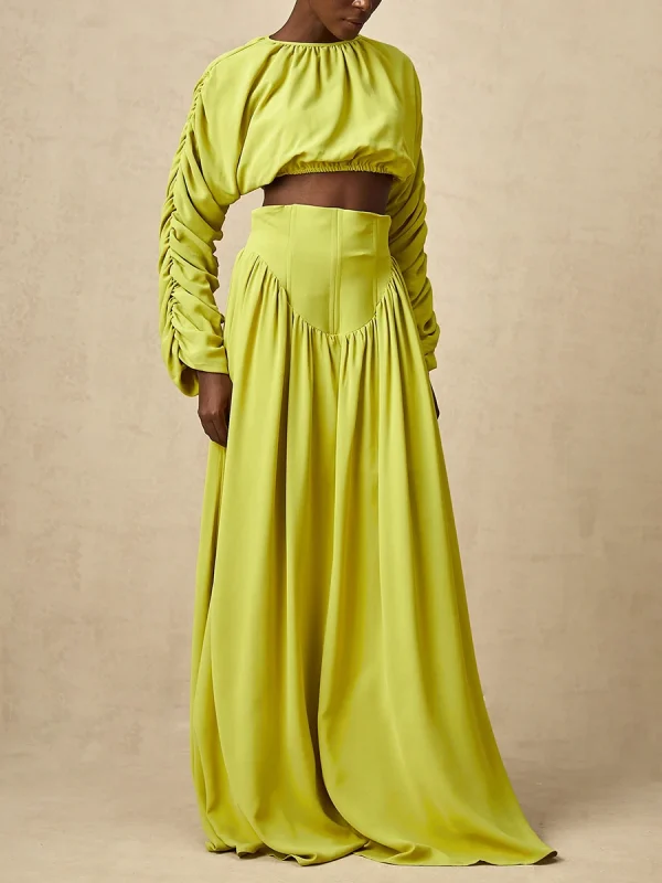 Vintage O Neck Long Sleeve Short Top High Waist A Line Skirts Suits Solid Loose Two Piece Set - Image 10