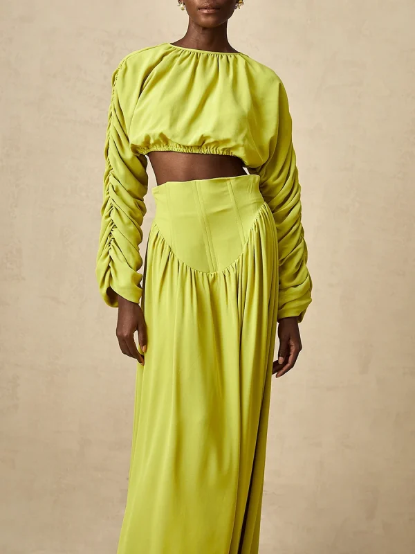 Vintage O Neck Long Sleeve Short Top High Waist A Line Skirts Suits Solid Loose Two Piece Set - Image 12