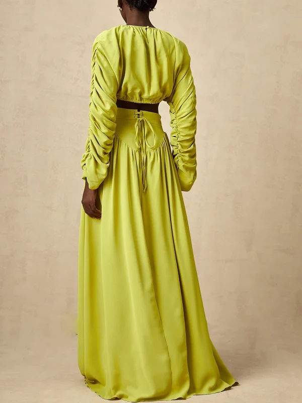 Vintage O Neck Long Sleeve Short Top High Waist A Line Skirts Suits Solid Loose Two Piece Set - Image 14