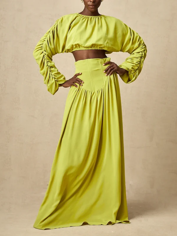 Vintage O Neck Long Sleeve Short Top High Waist A Line Skirts Suits Solid Loose Two Piece Set - Image 2