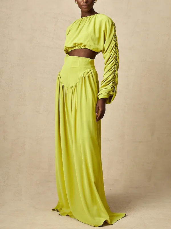 Vintage O Neck Long Sleeve Short Top High Waist A Line Skirts Suits Solid Loose Two Piece Set - Image 3