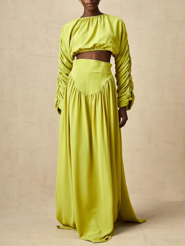 Vintage O Neck Long Sleeve Short Top High Waist A Line Skirts Suits Solid Loose Two Piece Set - Image 4